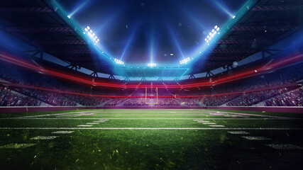 3D render of brightly lit American football stadium with packed crowd and empty football field in center. Concept of sport, tournament, championship, game, event © master1305