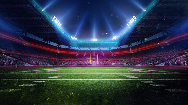 3D render of brightly lit American football stadium with packed crowd and empty football field in center. Concept of sport, tournament, championship, game, event