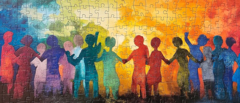 Volunteers depicted as puzzle pieces coming together to form a cohesive image, representing the strength of community efforts and collaboration, set against an uplifting background