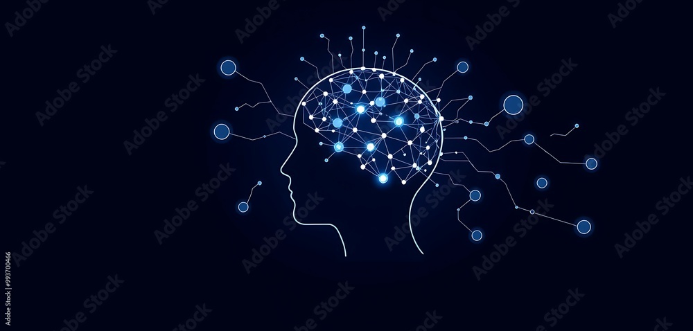 Poster artificial intelligence and clusters of neural networks connecting to a human head on a dark blue ba