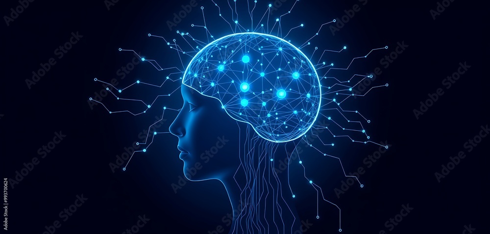 Poster artificial intelligence and clusters of neural networks connecting to a human head on a dark blue ba