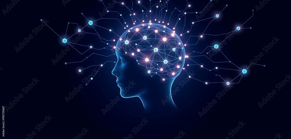 Poster artificial intelligence and clusters of neural networks connecting to a human head on a dark blue ba
