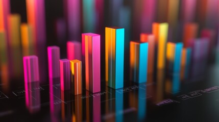 A colorful 3D bar chart rising from a glossy black surface, each bar representing data growth with numbers floating above in a sleek, modern style.