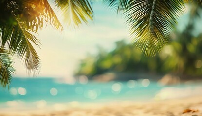 Beautiful, blurred background of an exotic beach with palm trees and the sea...