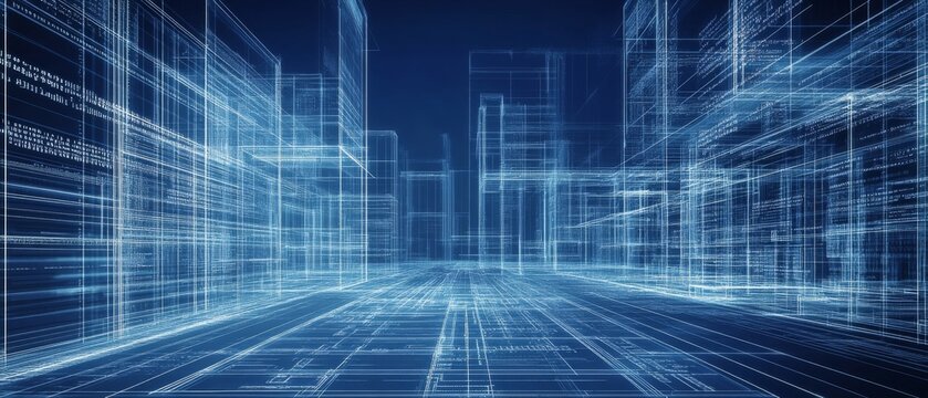 Detailed blueprints with streams of binary code, merging physical design with digital innovation, creating a high-tech construction layout in a futuristic setting