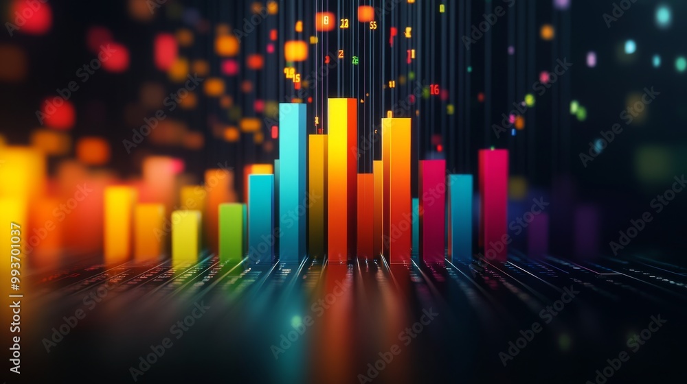 Poster a colorful 3d bar chart rising from a glossy black surface, each bar representing data growth with n