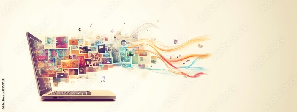 Fototapete a banner style illustration of a laptop with a flow of information, apps and thumbnails coming from 