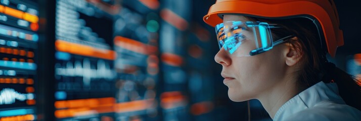 Focused engineer wearing smart glasses and hard hat in a high-tech control room, analyzing data displayed on digital screens.