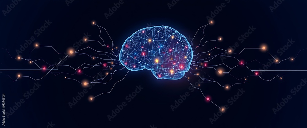 Poster artificial intelligence and clusters of neural networks connecting to a human head on a dark blue ba