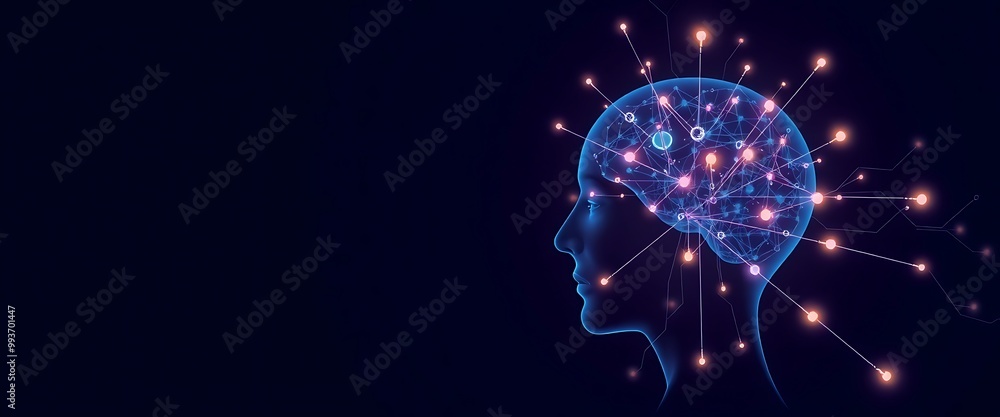 Poster artificial intelligence and clusters of neural networks connecting to a human head on a dark blue ba