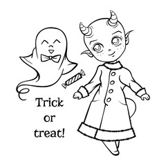 Cute Halloween Characters Coloring page: Little demon girl with her ghost friend.