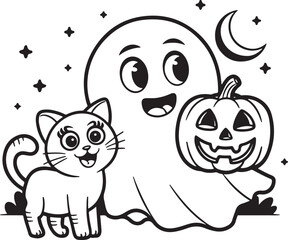 Happy halloween. Cute monsters. Doodle coloring page. Halloween coloring book page activity for kids and adults.