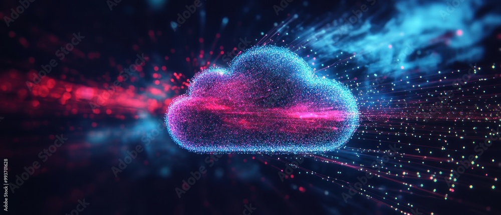 Poster abstract representation of a cloud with dynamic particles, symbolizing data and technology.