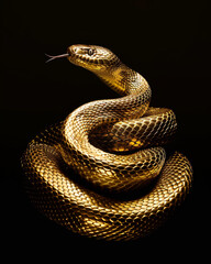 Fototapeta premium professional photography of a golden metallic snake, full body, studio photo with professional lighting, completely black background