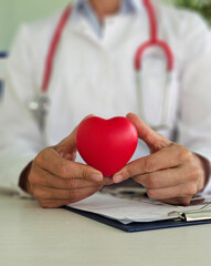 Female doctor holding red toy heart in her hands closeup. Internal organ transplant concept