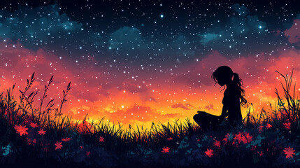 silhouette of a meditative figure is set against a vibrant cosmic backdrop, symbolizing the connection between energy, mindfulness, and the universe's expansive forces in deep spiritual reflection
