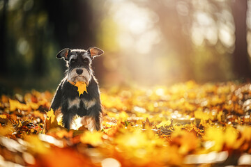 Miniature schnauzer dog in the park with an orange autumn foliage