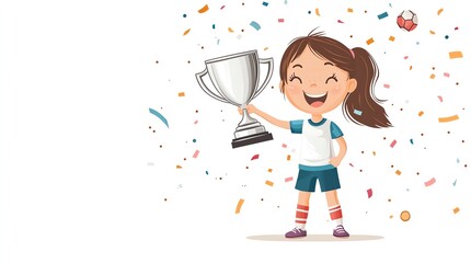 A cute cartoon illustration of a little girl looking happy wearing a football strip, holding up a trophy cup, white background, vector, copy space for text.