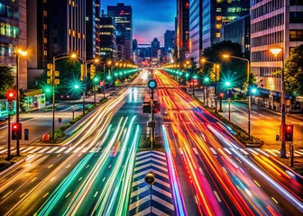 Obraz premium Vibrant Night Traffic Lights Creating Colorful Patterns on Urban Streets in a Bustling Cityscape