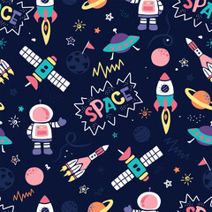 Seamless space exploration pattern with rockets, astronauts, and UFOs. Vector illustration