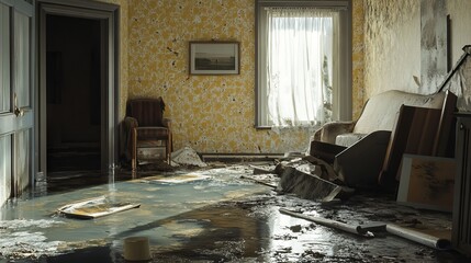 Interior Damage After Flood in Montreal Home Under Construction. AI generated illustration