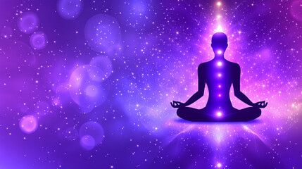 silhouette of a meditative figure is set against a vibrant cosmic backdrop, symbolizing the connection between energy, mindfulness, and the universe's expansive forces in deep spiritual reflection
