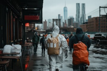 Fototapeta premium An individual wearing a hazmat suit walks on a city street, indicative of precautionary measures taken to prevent contamination in a bustling urban setting during a health crisis.