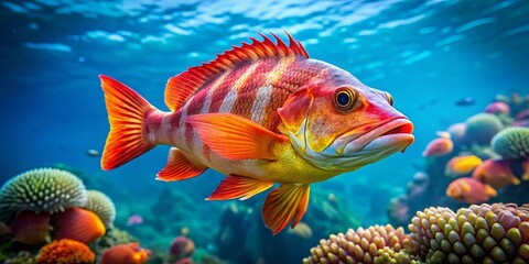 Fototapeta premium Vibrant Ocean Perch Fish Swimming Gracefully in Crystal Clear Tropical Waters of the Ocean Depths