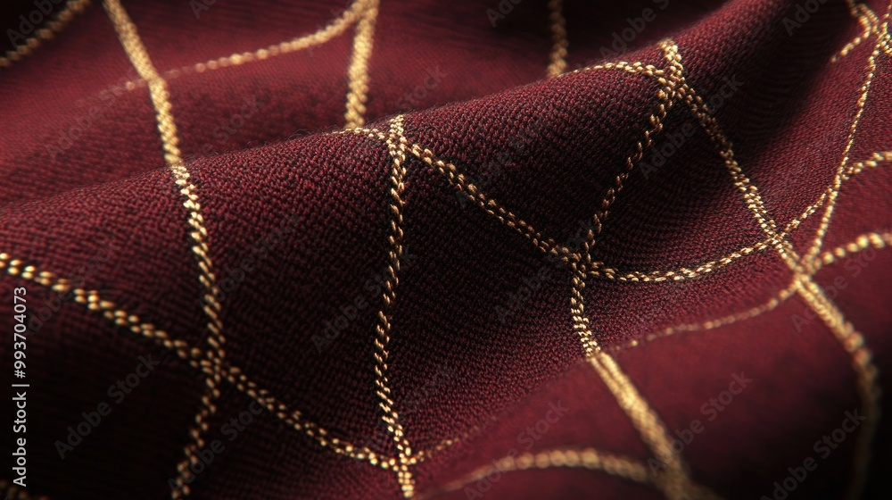 Poster close-up of textured fabric in burgundy with golden thread pattern.