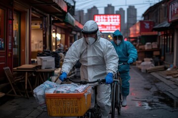 A rider in a white protective suit and gloves pedals a bicycle with a basket full of essential supplies, navigating an urban area amidst a health crisis, maintaining crucial services.
