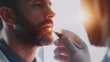 Fototapeta premium Doctor's Hand Examining Patient's Throat with Penlight for Medical Checkup
