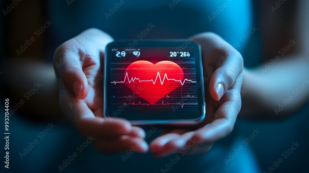 Poster hands holding a digital heart rate monitor with vital health tracking data display
