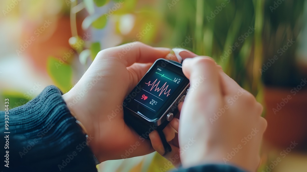 Poster hands holding digital heart rate monitor with vital data display