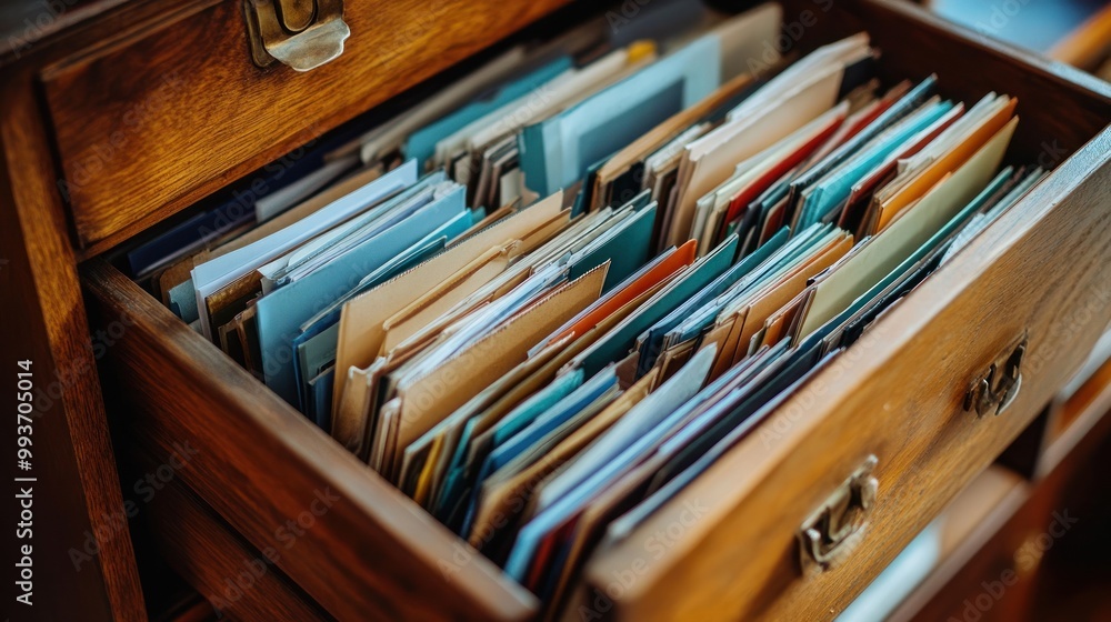 Poster a wooden drawer filled with assorted files and documents, suggesting organization and storage.