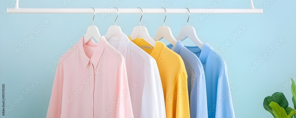 Poster minimalist wardrobe organization - streamlined color-coded clothing with matching hangers and season