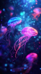 Fototapeta premium Colorful jellyfish glowing in deep water, creating a magical underwater scene with vibrant lights and ethereal beauty.