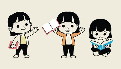 Cute cartoon children reading books. Vector illustration