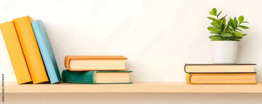 Poster minimalist decluttered bookshelf display - neatly arranged volumes with open space for functional an