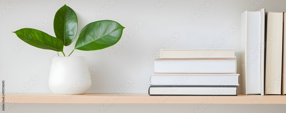 Poster neatly arranged bookshelf with essential books - minimalist decluttered storage display for clean an