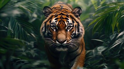 A majestic tiger strolling confidently through lush jungle wallpaper