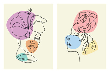 Abstract line art female portraits with floral elements. Vector illustration