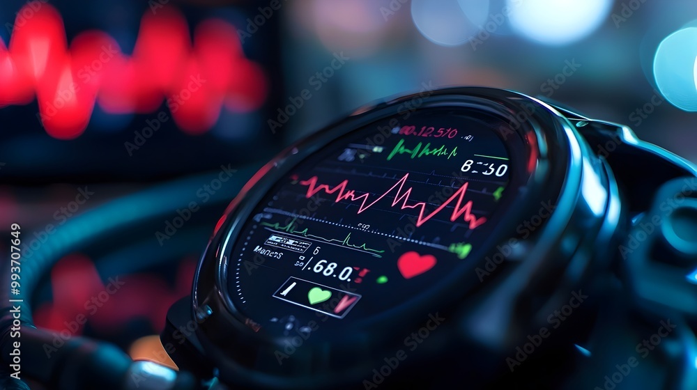 Poster close-up view of heart rate monitor displaying real-time medical readings on screen