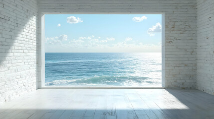 White Brick Wall Room with Ocean View 3D Illustration