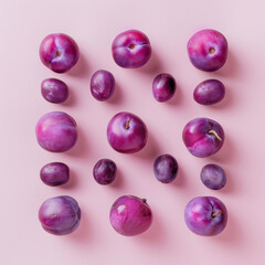 flat lay of purple plumbs on a pastel pink background,in the style of digital minimalism,pattern,bold color,beautiful,art-director photography