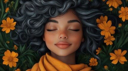 a joyful woman with vibrant gray and black curls wearing a cozy mustard yellow scarf standing amidst a lush green background filled with yellow flowers