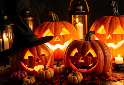 Decorazioni di Halloween con jack-o'-lantern sorridenti, una zucca con cappello da strega e candele accese, perfette per celebrare la stagione autunnale