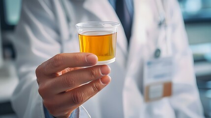 Doctor's Hand Holding Urine Sample Cup for Medical Diagnosis and Health Assessment