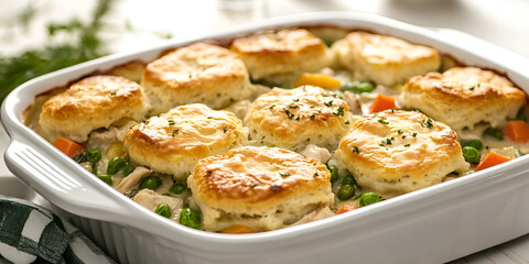 Chicken Pot Pie with Flaky Biscuit Topping in Baking Dish