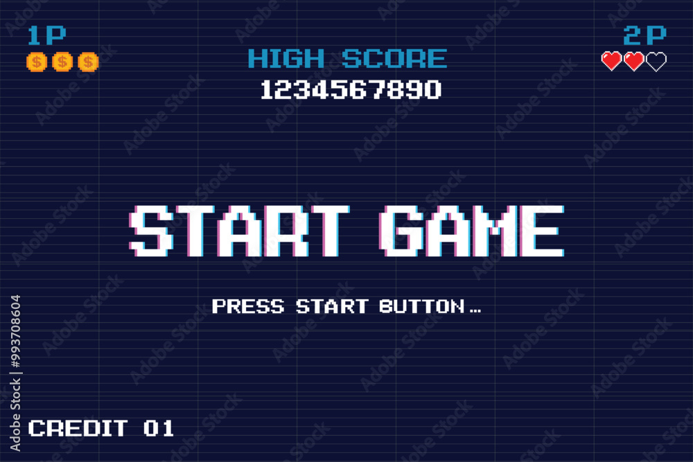 Poster start game. press start button. pixel art .8 bit game. retro game. for game assets in vector illustr