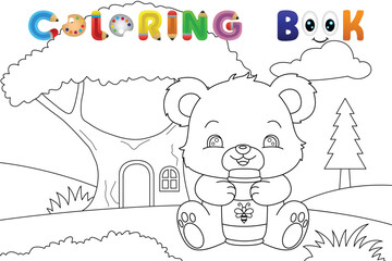 Cute bear with honey coloring book page for kids. Vector illustration